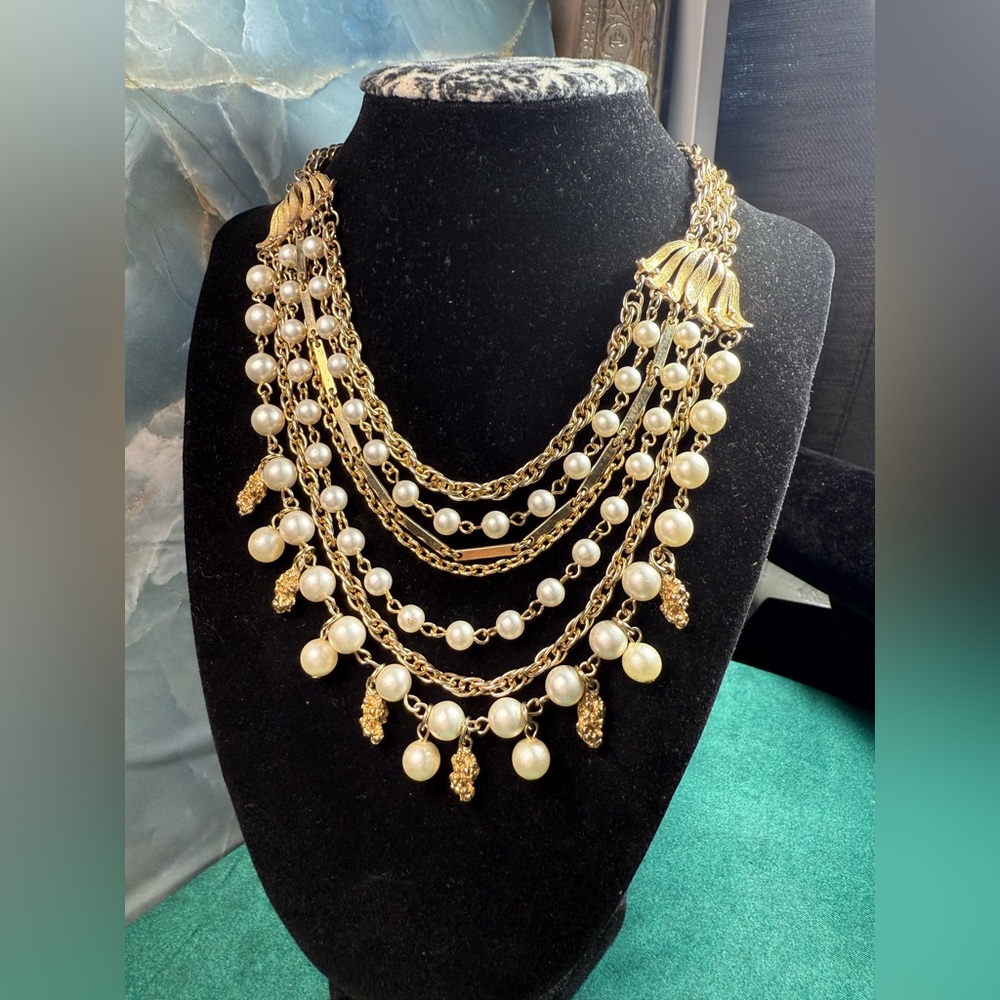 Vintage Gold Multi-Strand Faux Pearl Statement Necklace‎